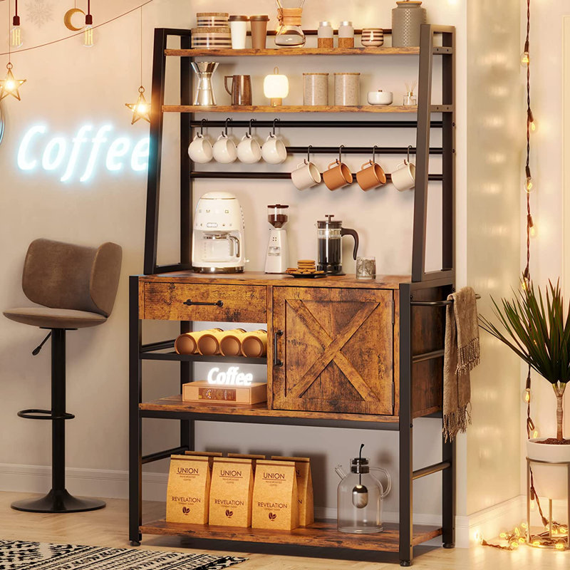 Tierone Baker s Rack Coffee Bar Cabinet Farmhouse Microwave Stand With Wine Rack Storage Drawer And 8 Hooks Bakers Racks For Kitchens With